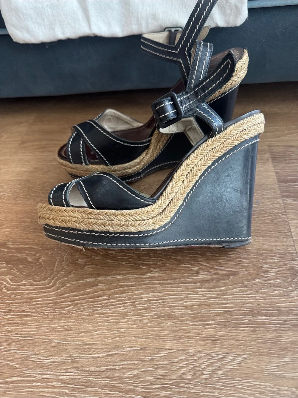 Christian Louboutin Black Leather Wedge Sandals with Espadrille Platform